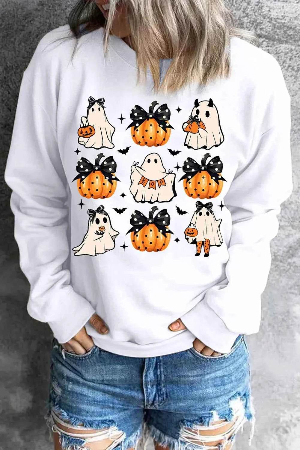 Pumpkin & Ghost Round Neck Long Sleeve Sweatshirt White Trendsi 91b76f14-4390-4560-986b-99cf02862851-Max
