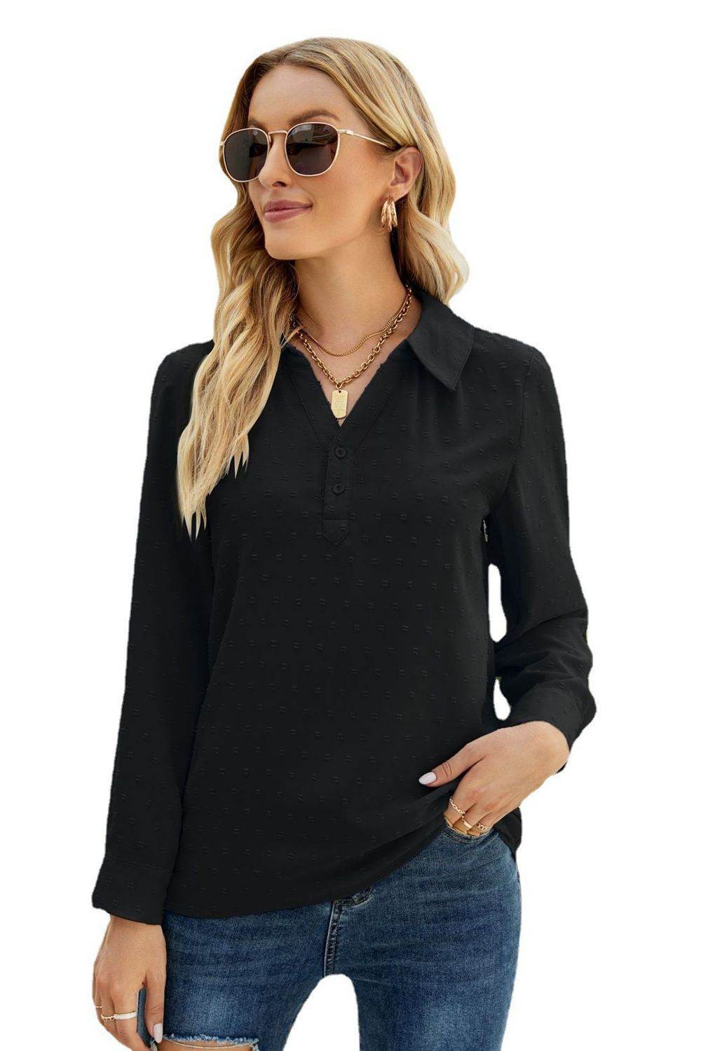 Swiss Dot Johnny Collar Blouse Trendsi 91efd028cb164ebab7eed0ad06fe87c8-Max