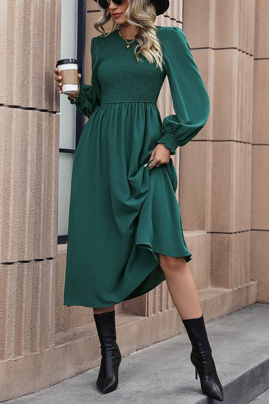 Perfee Smocked Long Sleeve Midi Dress Dark Green Trendsi 92156e3faec44c55817bf3ca53d90cf7-Max