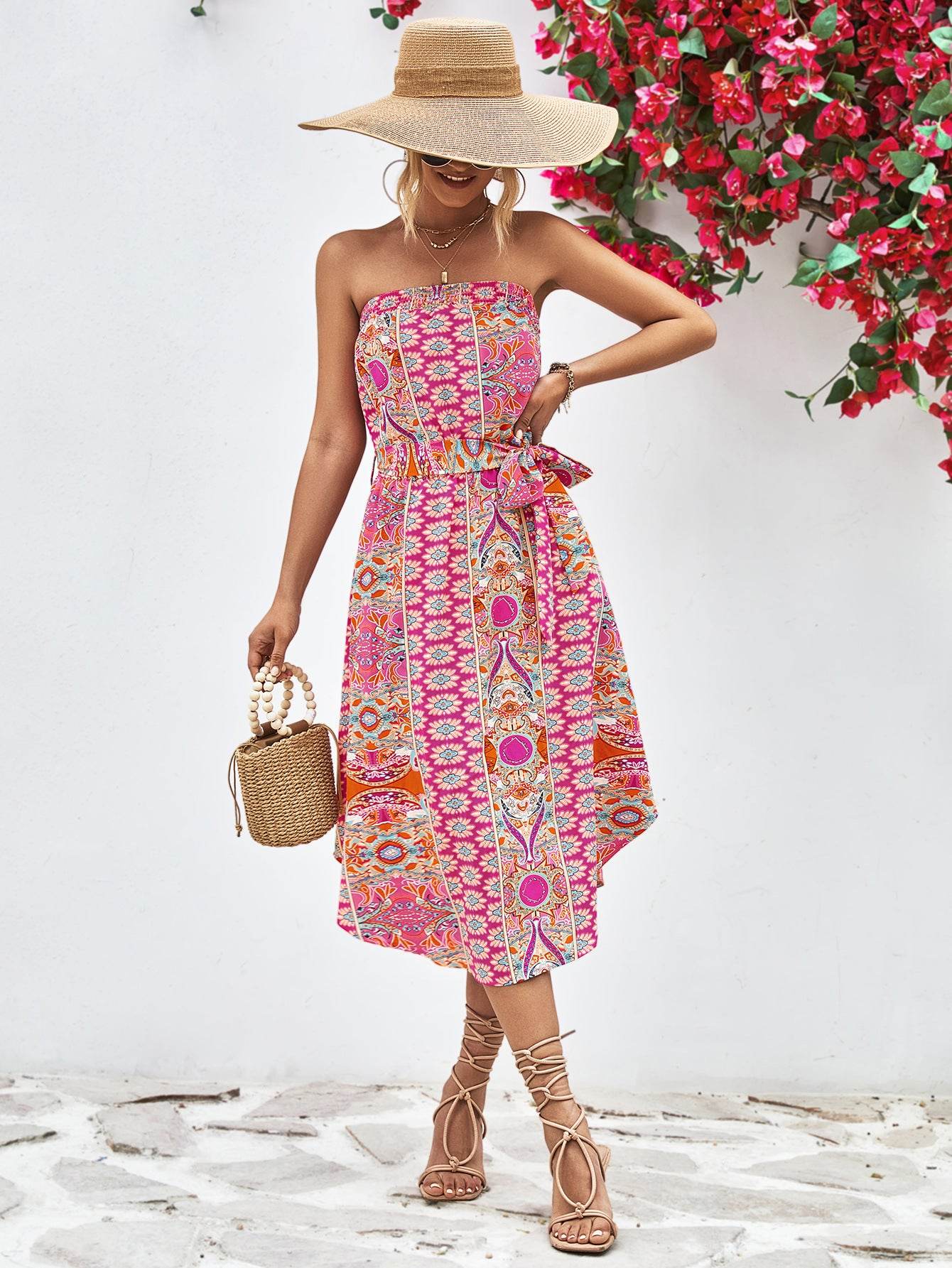 Printed Strapless Tie Belt Dress Trendsi 922f934bf41042dca5bad414b011cf30-Max