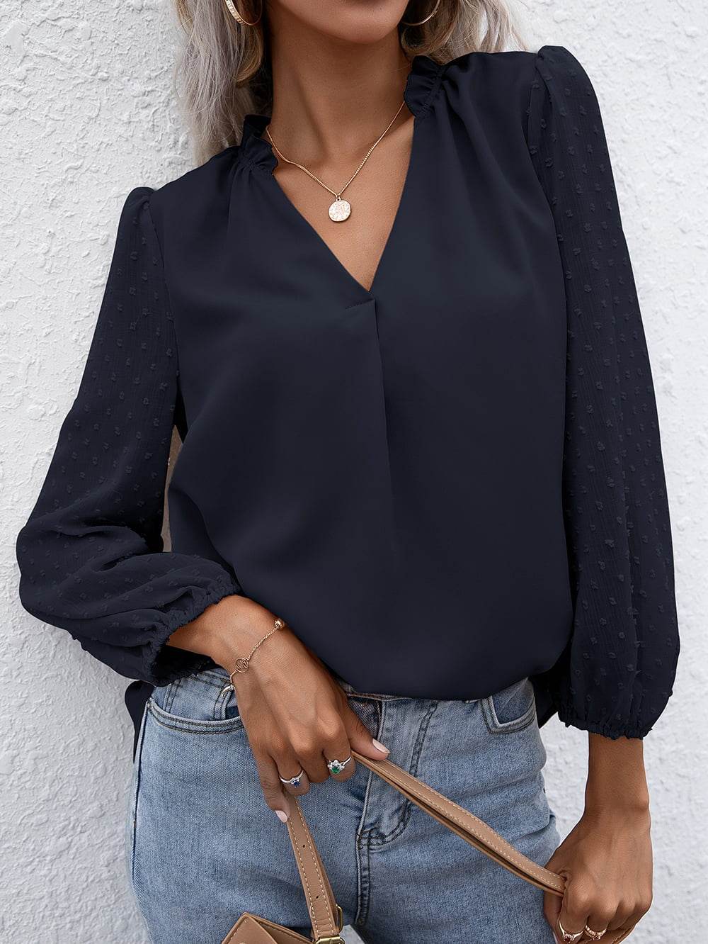 Ivy Lane Swiss Dot Frill Trim Puff Sleeve Blouse Trendsi 9230cc739e614111b95f69939e1a0b3a-Max