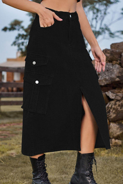 Slit Front Midi Denim Skirt with Pockets Trendsi 923c91aded854ff0adb7446c627fdb86-Max