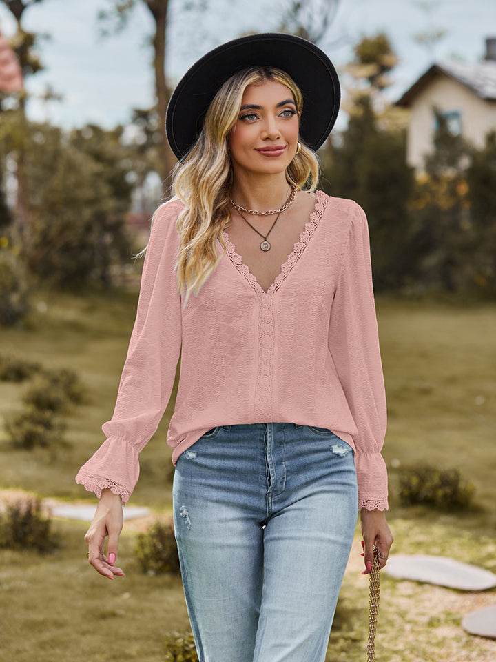 V-Neck Flounce Sleeve Blouse Blush Pink Trendsi 924b842d06414f479026980ba03a7869-Max