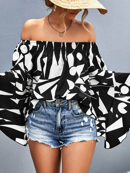 Printed Off-Shoulder Bell Sleeve Blouse Black Trendsi 925adf7b5ea7431f9d31633314b0aa0b-Max