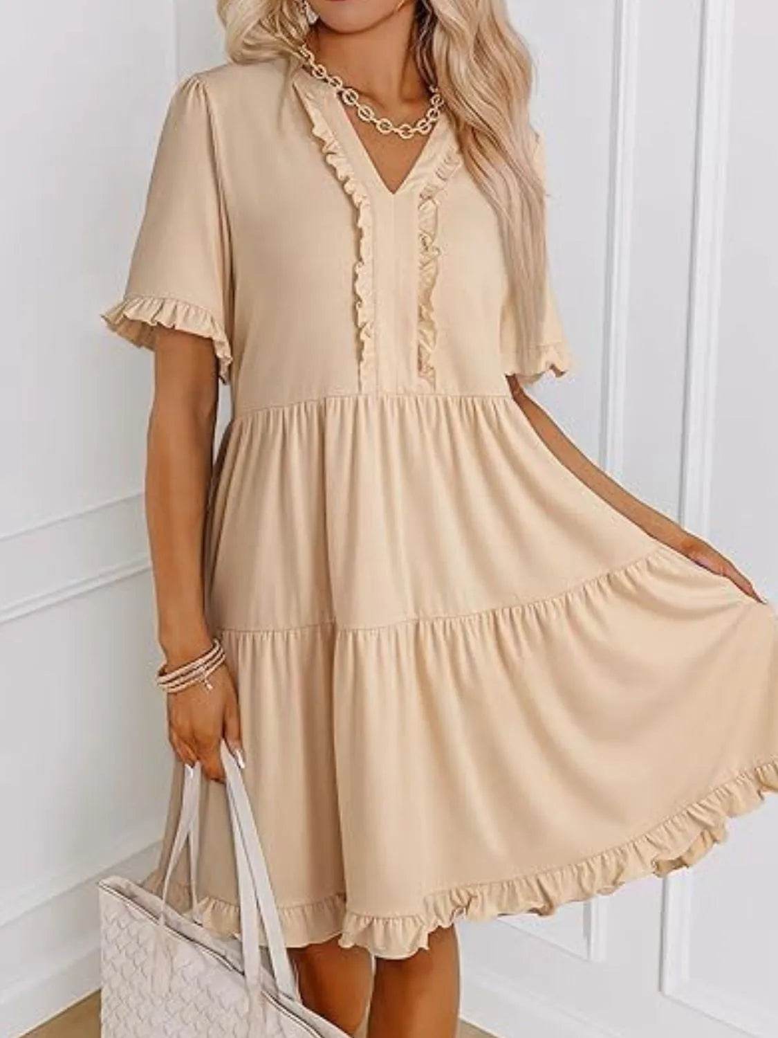 Tiered Notched Short Sleeve Mini Dress Tan Trendsi 927afd31-fa43-4337-888a-74b9c5e53c36-Max-Origin