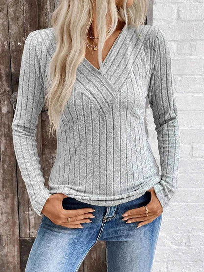 Ribbed V-Neck Long Sleeve Knit T-Shirt Grey Trendsi 92bb0dfdd1064b7aaa5d448e4bb5d2de-Max-Origin