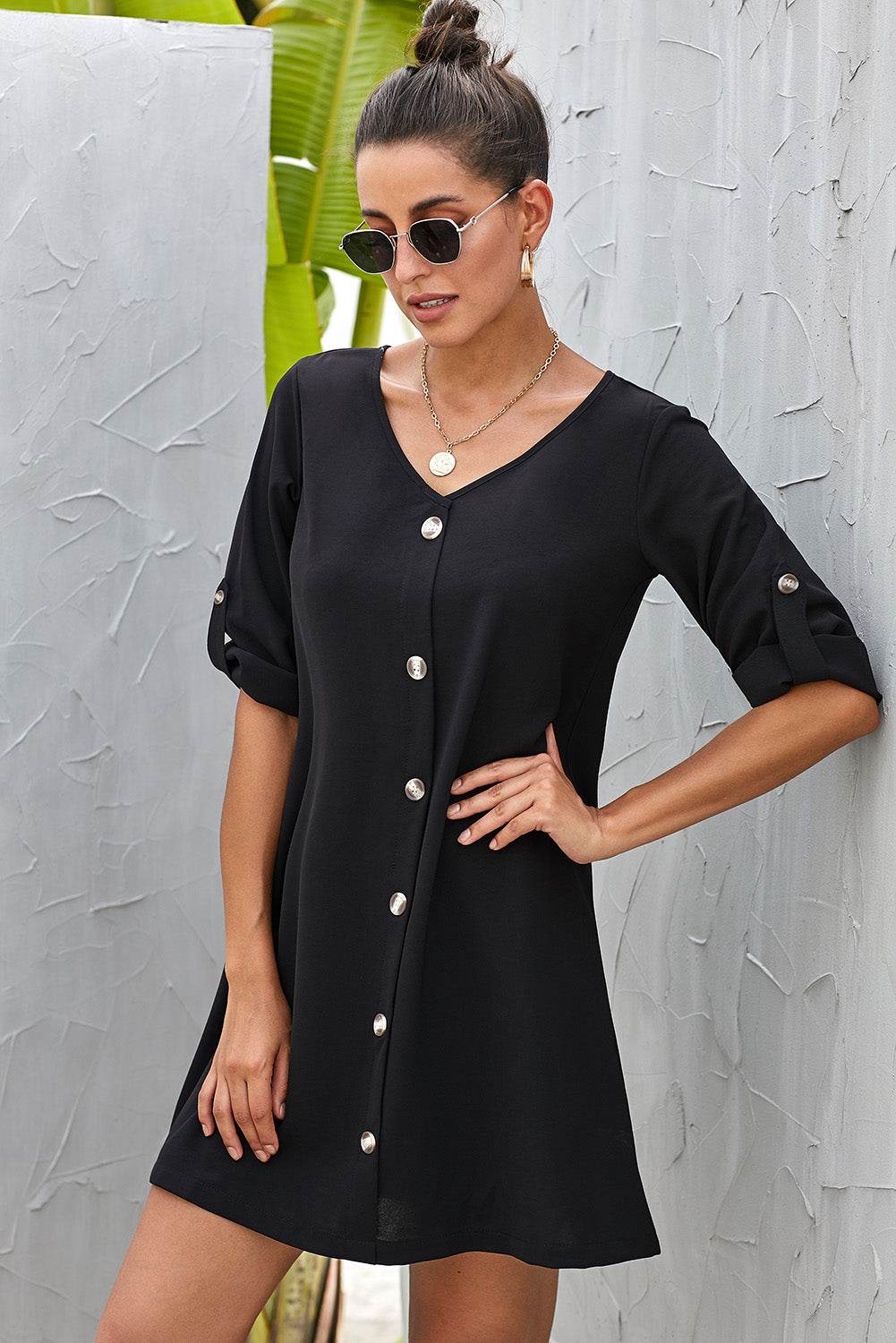 Buttoned V-Neck Dress Trendsi 92f2f865fd564b2c8778faed194853ae-Max