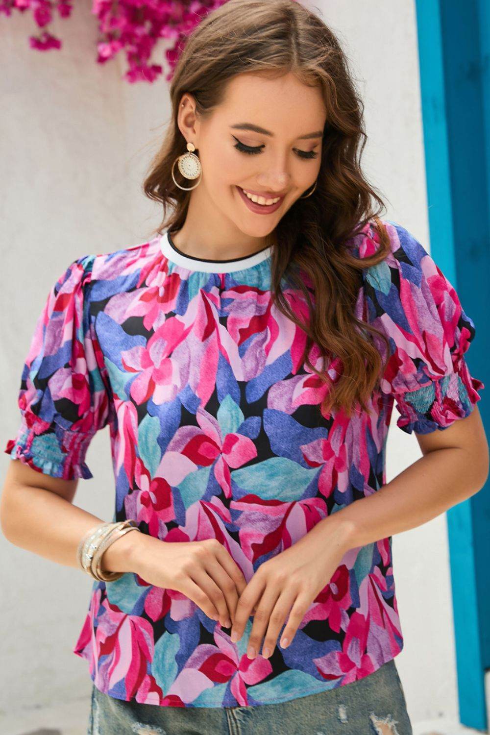 Floral Round Neck Puff Sleeve Top Floral Trendsi 92ff71d5a5974a55acb758bc7950bbbd-Max