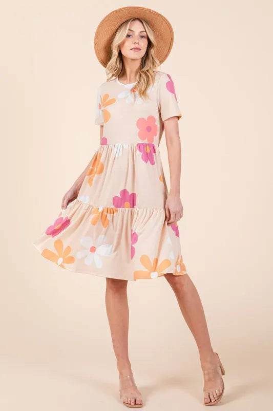 BOMBOM Floral Round Neck Short Sleeve Tiered Dress Apricot Trendsi 930d61f6-3b3e-47fc-b978-8ad7659a6f9d-Max
