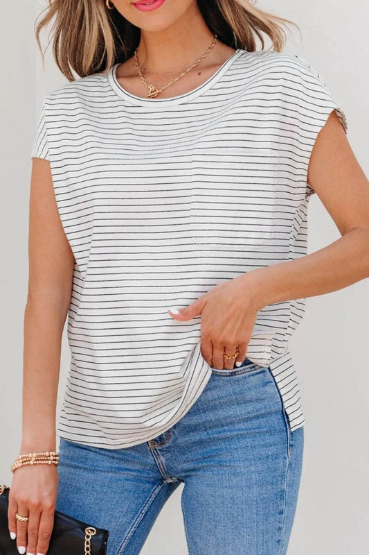 Stripe Cap Sleeve Crew Neck Casual Tee with Chest Pocket White Trendsi 93120a27-7345-4a02-999b-8abcc0503d9c-Max-Origin