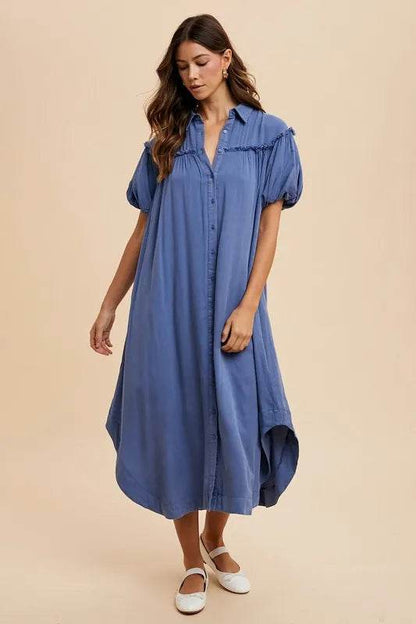 Annie Wear Mineral Washed Button Down Puff Sleeve Shirt Dress Peacock Blue Trendsi 93352ffd-d36e-4f79-a38f-337f52d65fd4-Max
