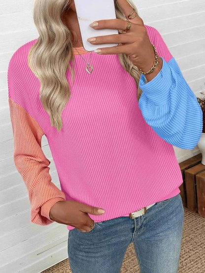 Color Block Ribbed Long Sleeve T-Shirt Trendsi 934365b5-79db-43ac-8208-1614054d1d55-Max-Origin