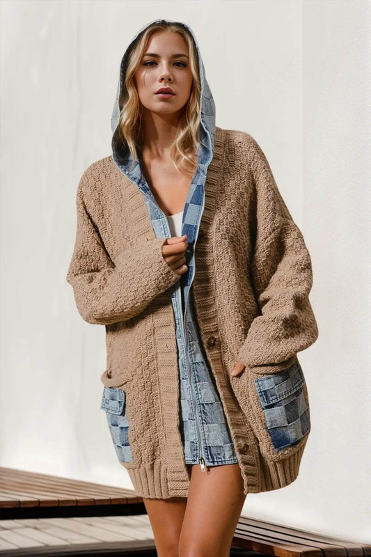 Double Take Full Size Hooded Denim Spliced Sweater Cardigan Camel Trendsi 9360c901-462b-4b46-a6de-949b898700e1-Max