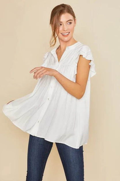 Annie Wear Ruffle Sleeve Shirred Flowy Woven Tunic Shirts Trendsi 9381033eb6a246f48e27ecab80e5bade-Max-Origin
