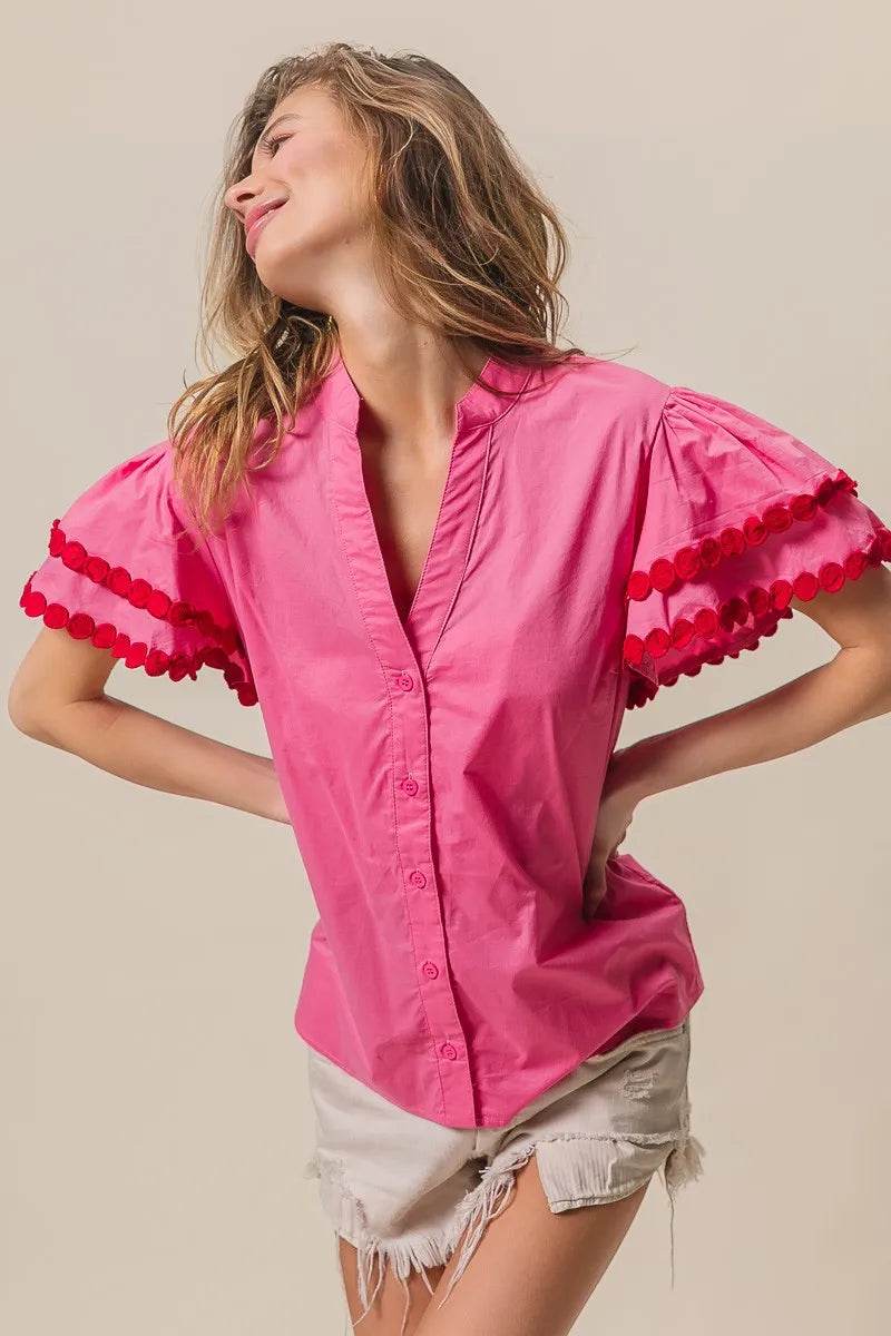 BiBi Dot Trim Flutter Sleeve Notched Top Trendsi 93b301cbd0444a6f89bb3e734275a706-Max-Origin