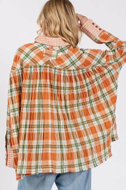 SAGE + FIG Side Slit Plaid Button Down Long Sleeve Shirt Trendsi 9407aad9-36de-4a39-85d3-eeefcd0fd812-Max