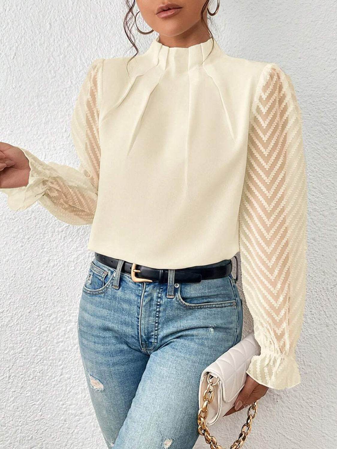 Mock Neck Flounce Sleeve Blouse Cream Trendsi 9411afa00ff246c9a5dff35d57b9ef2a-Max