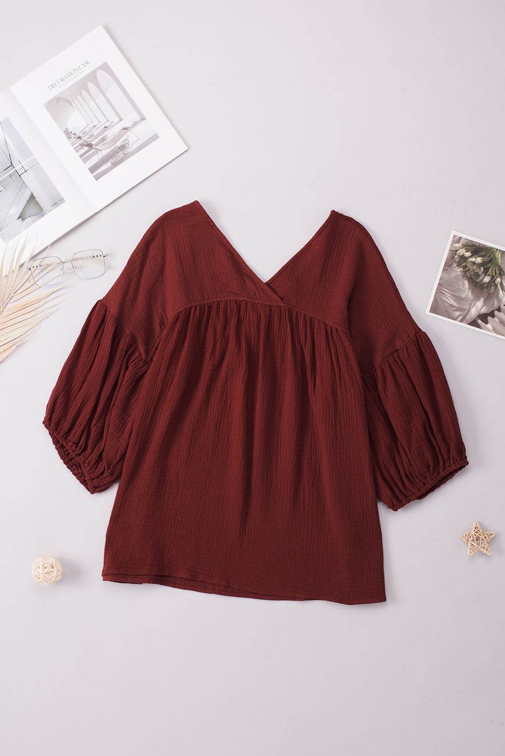 Dropped Shoulder V-Neck Blouse Trendsi 94352040bdee4ff995938d8cdccb8110-Max