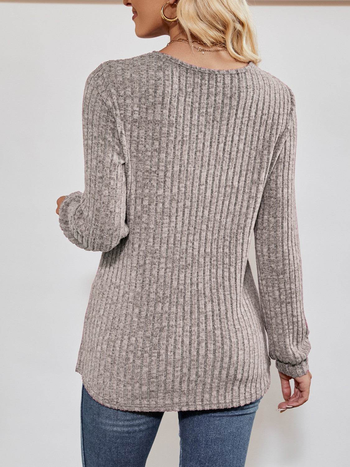 V-Neck Ribbed Long Sleeve Top Trendsi 9445e536ebc0494c945017b32a58fb9a-Max