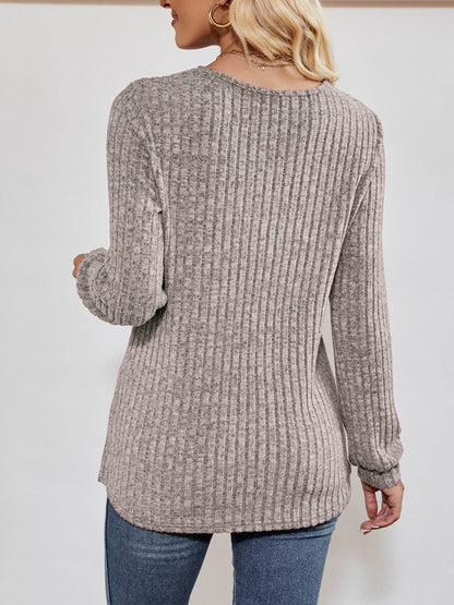 V-Neck Ribbed Long Sleeve Top Trendsi 9445e536ebc0494c945017b32a58fb9a-Max