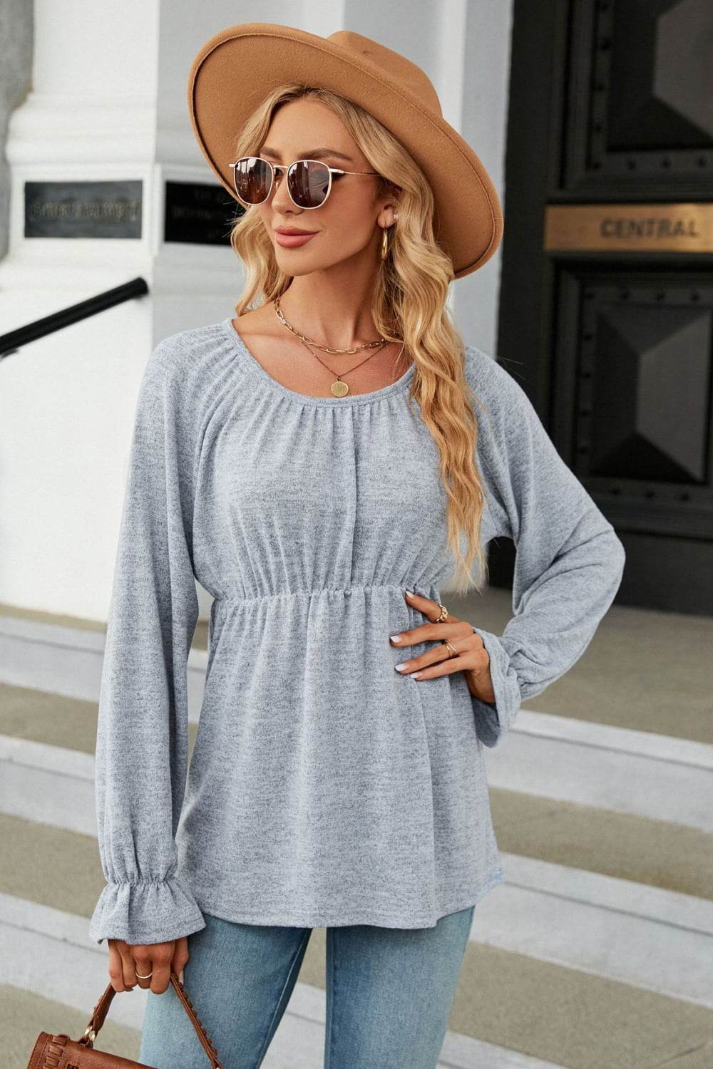 Round Neck Flounce Sleeve Blouse Light Blue Trendsi 94493fdd8b2c48cfb82b07853ba2ed38-Max