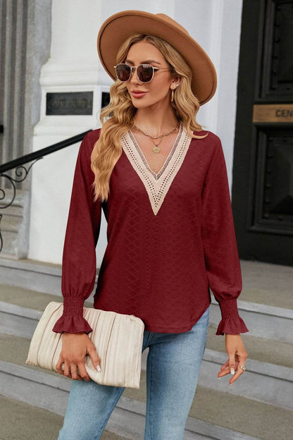 V-Neck Flounce Sleeve Blouse Burgundy Trendsi 948b35812b034e838c0c3965430af122-Max