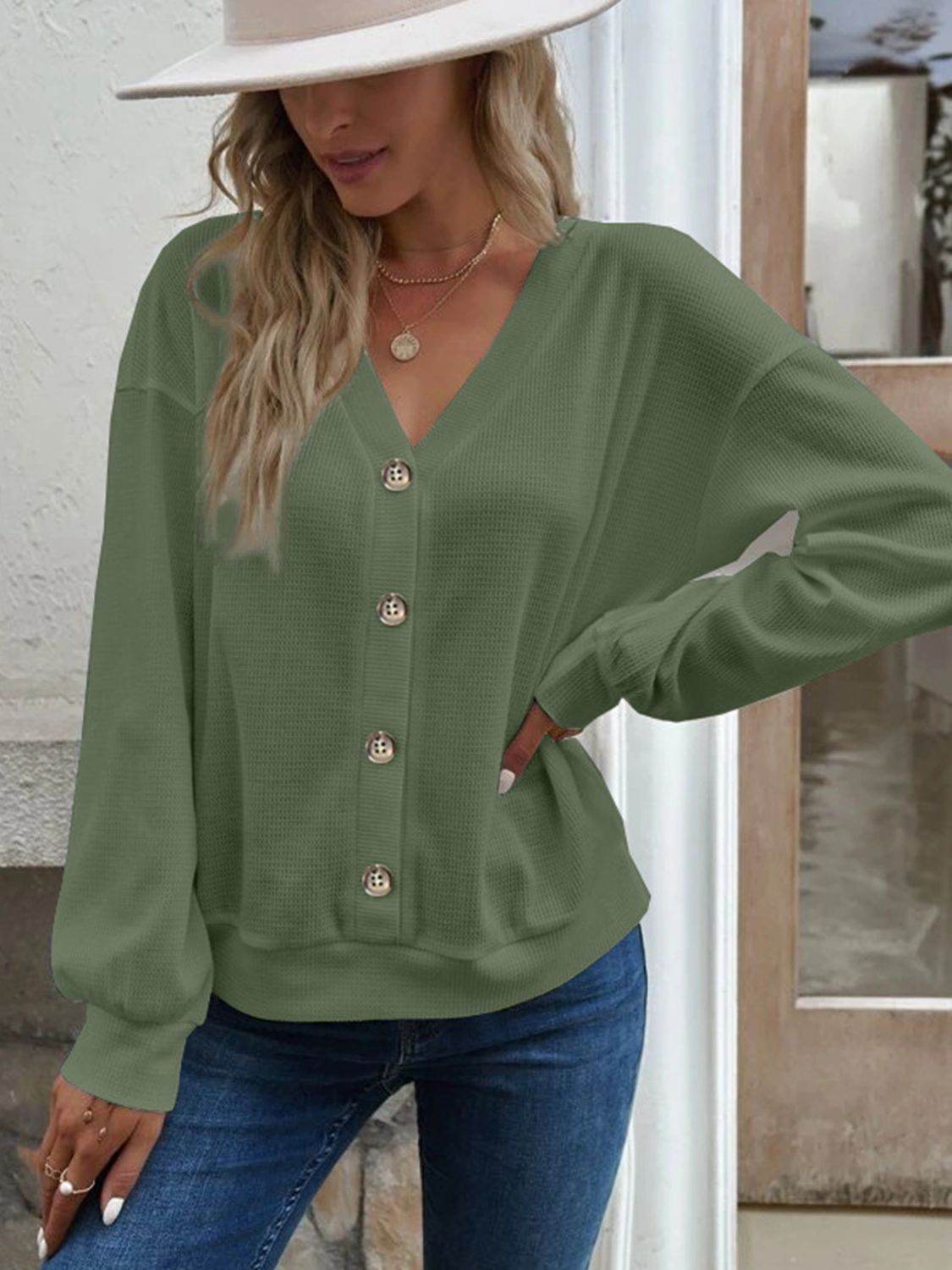 V-Neck Dropped Shoulder Blouse Matcha Green Trendsi 94c687d763a34f319e35275c79cb1b02-Max