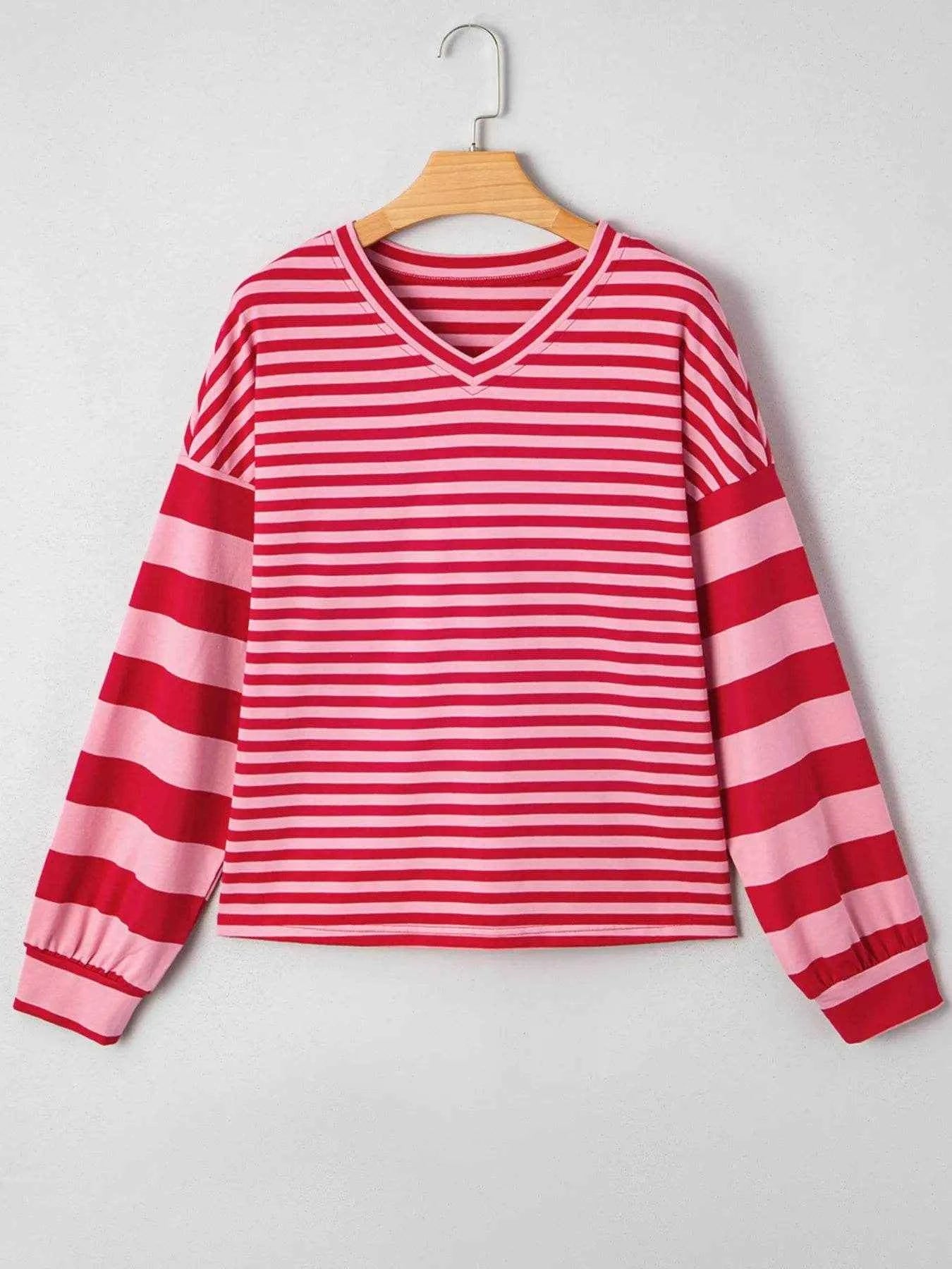 Striped Drop Shoulder V Neck Top Trendsi 94daff63aed54922babf64dcaa9569de-Max-Origin