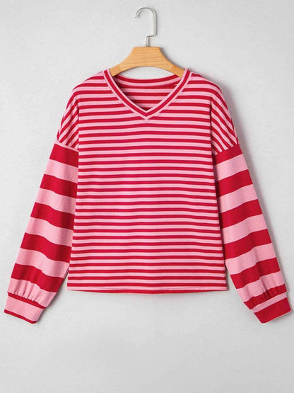 Striped Drop Shoulder V Neck Top Trendsi 94daff63aed54922babf64dcaa9569de-Max-Origin