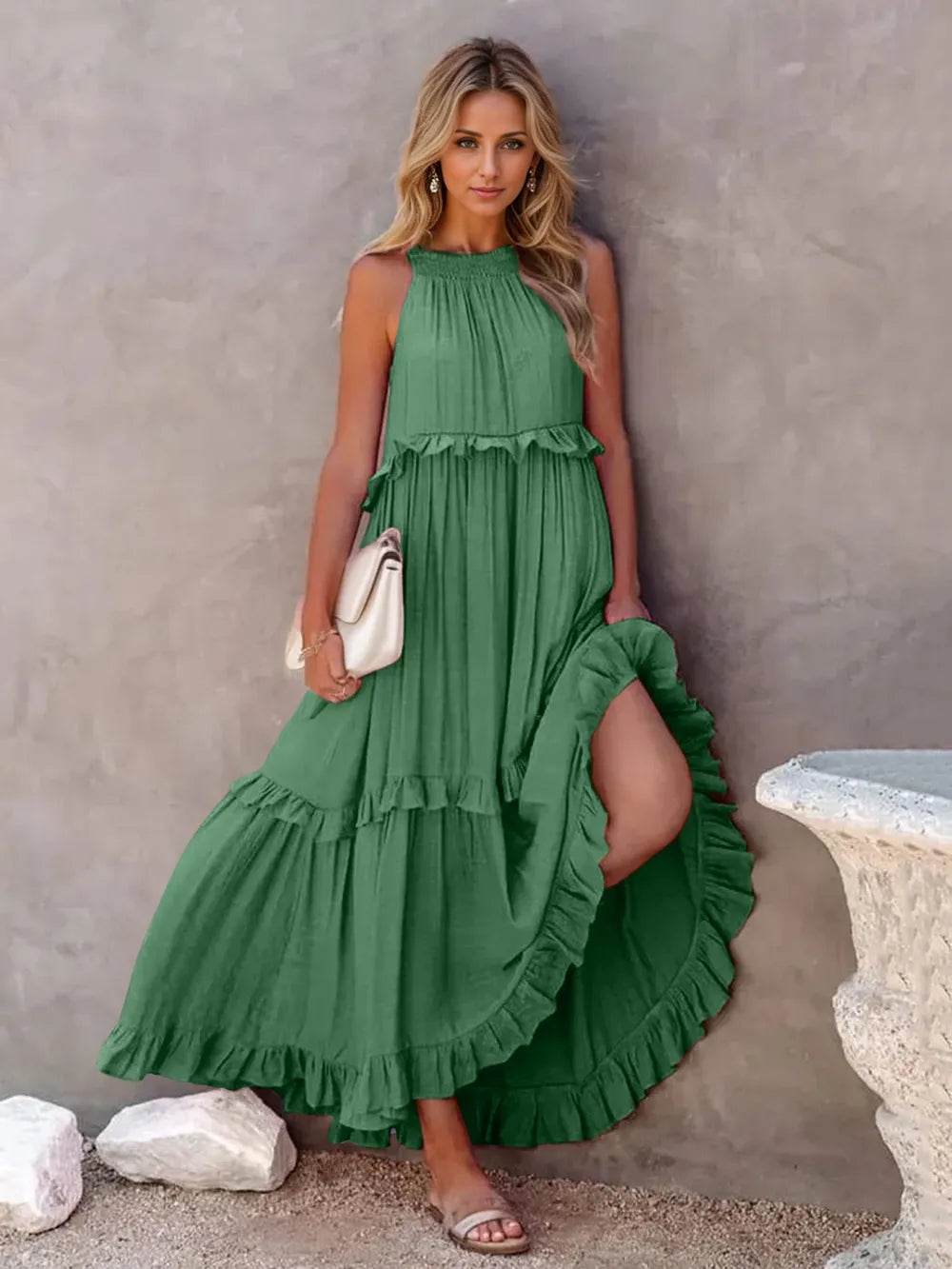 Ruffled Sleeveless Tiered Maxi Dress with Pockets Dark Green Trendsi 95003d34-dfdc-4fbc-b1d7-41a051b31e4e-Max