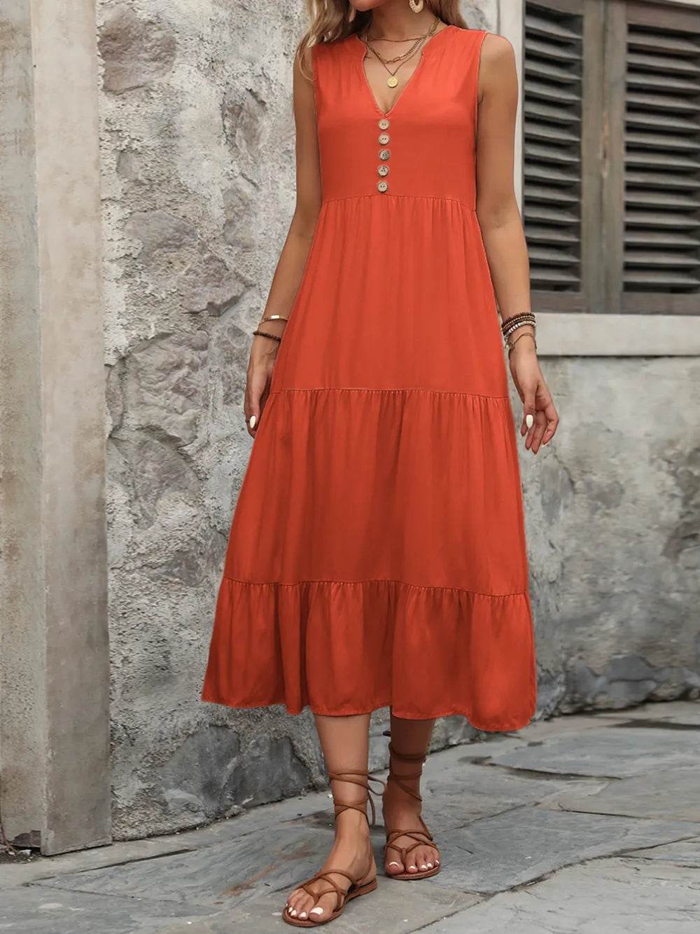 Ivy Lane Decorative Button Notched Sleeveless Dress Trendsi 9527934f-1797-41ef-98ff-a5ffb06284b5-Max