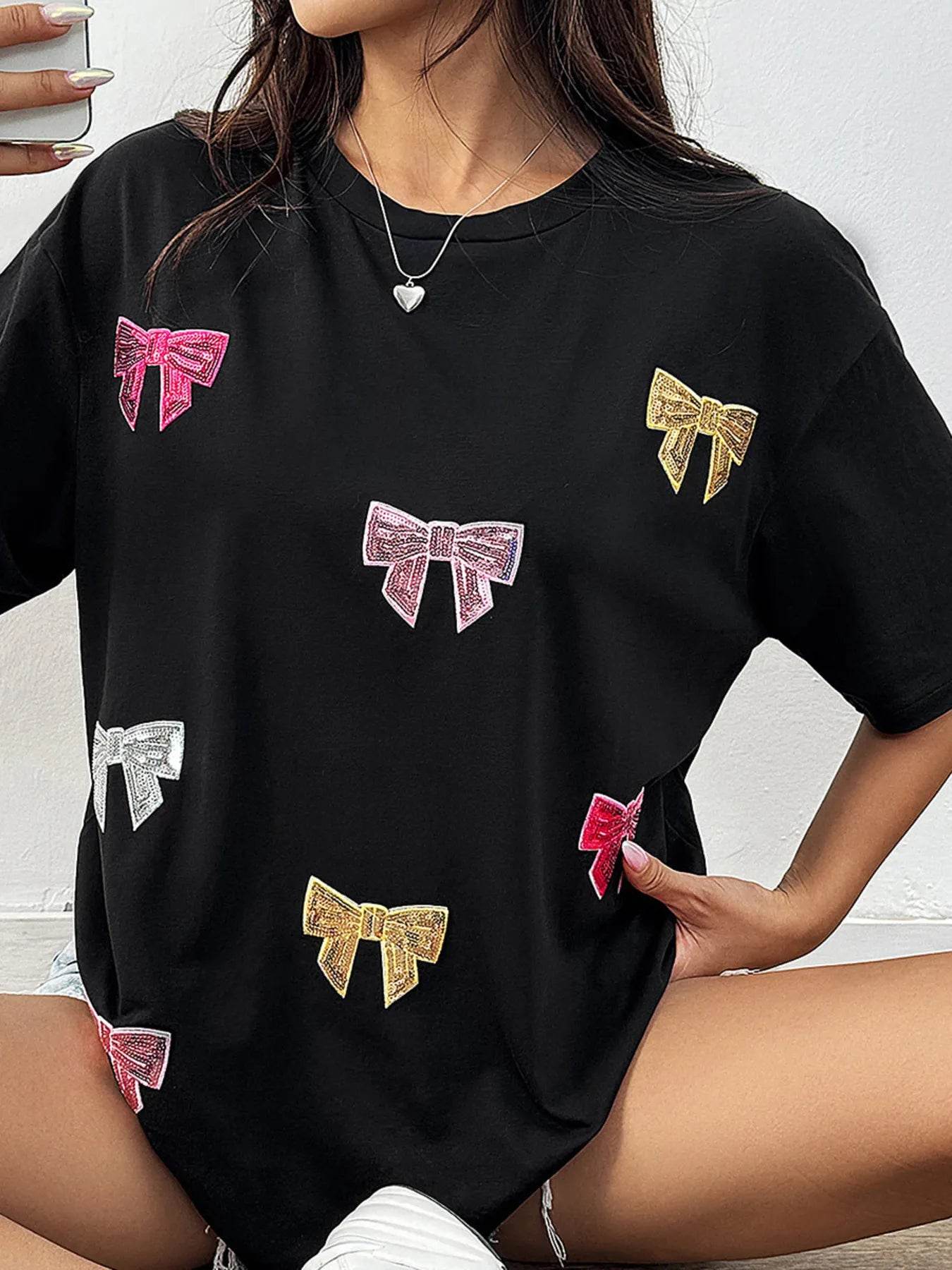 Sequin Bow Round Neck Short Sleeve T-Shirt Trendsi 952e3a1ae5fc49af8e341b9ca67d10a7-Max-Origin
