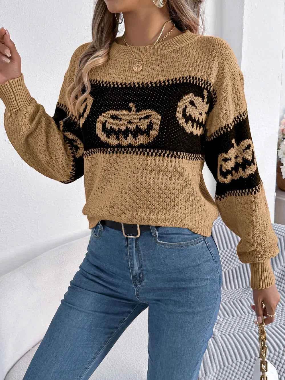 Pumpkin Round Neck Long Sleeve Sweater Trendsi 95306cd6-2216-4bd6-9812-0e9c78d0a90d-Max