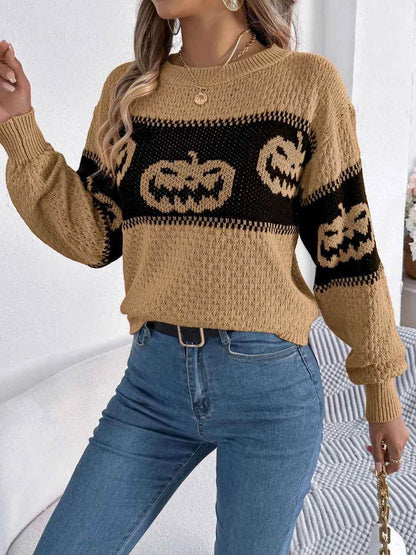 Pumpkin Round Neck Long Sleeve Sweater Trendsi 95306cd6-2216-4bd6-9812-0e9c78d0a90d-Max