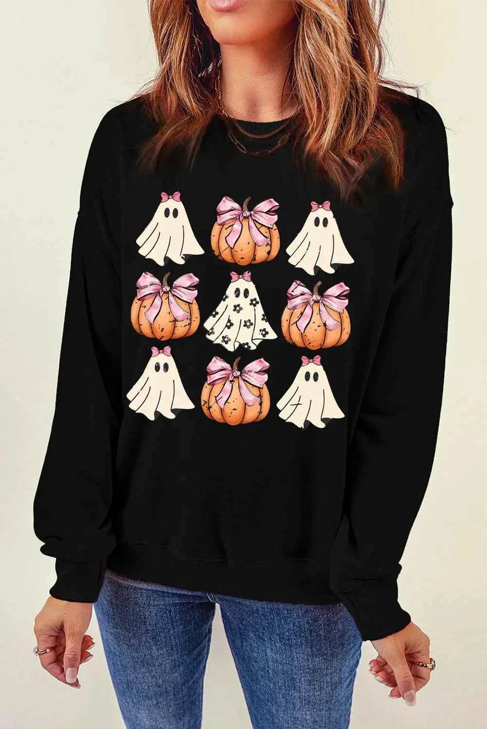 Pumpkin & Ghost Round Neck Long Sleeve Sweatshirt Black Trendsi 9543e466-aced-4394-b452-2715f572b21b-Max