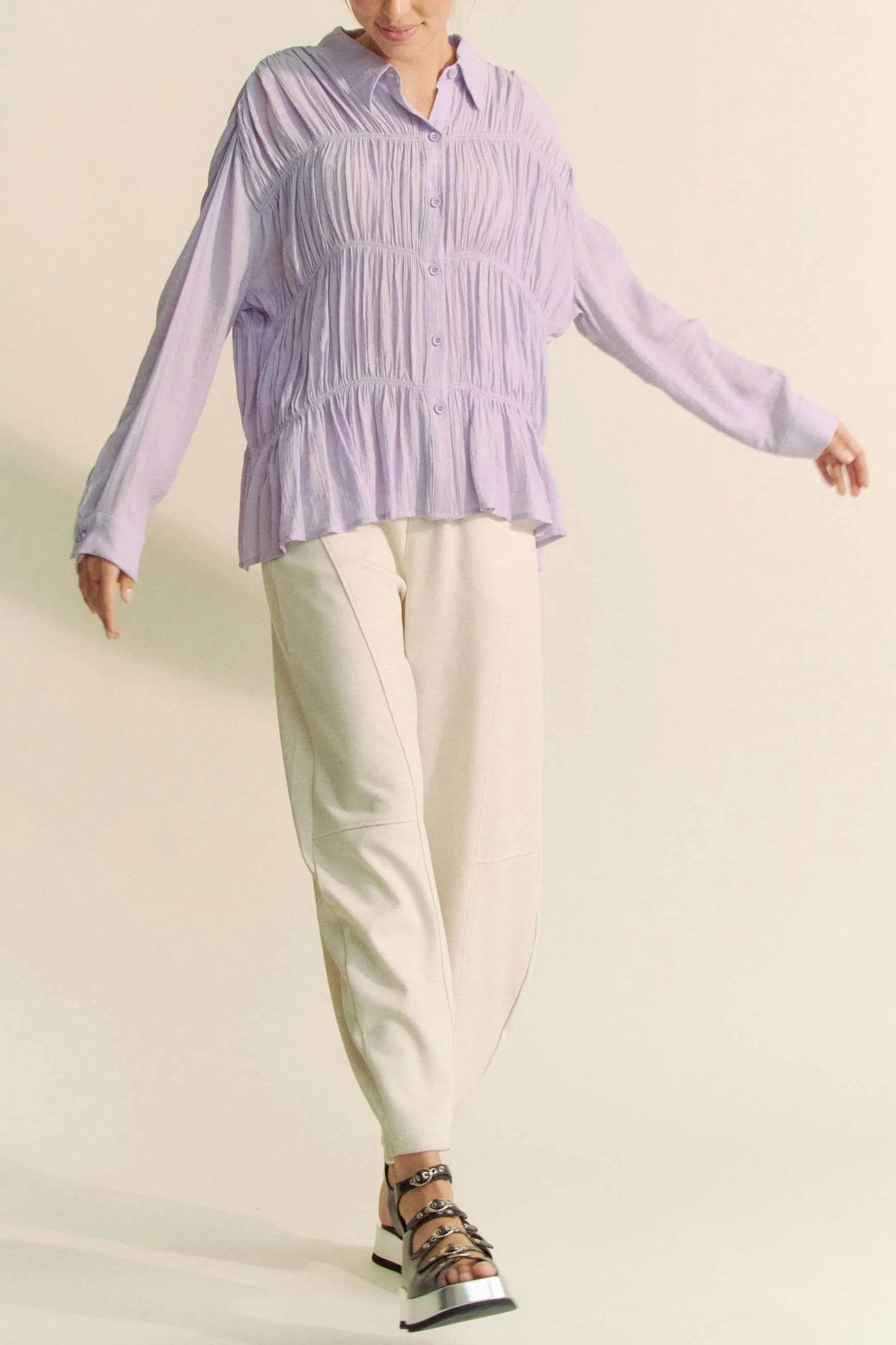 Davi & Dani Ruched All Over Button Front Shirt Trendsi 954b60739c934bdfbaa67a7e0c067bd8-Max-Origin