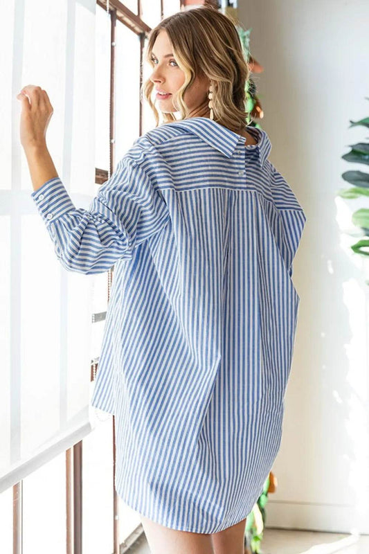 First Love Striped Button Down High-Low Hem Shirt Blue Trendsi 95516859-bdd6-48ca-910a-f2eada9b518f-Max
