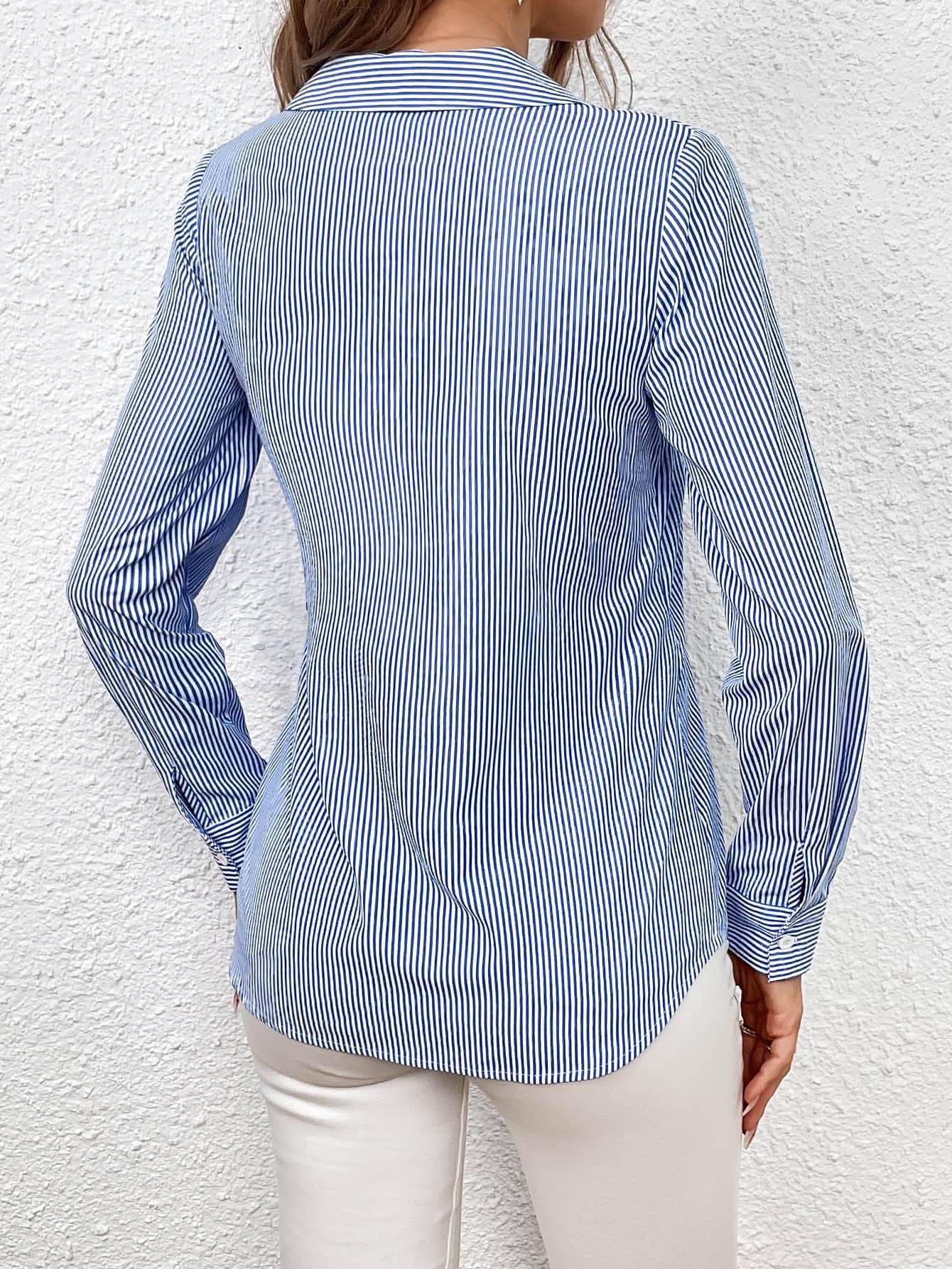 Ivy Lane Bow Tie Waist Johnny Collar Neck Striped Blouse Trendsi 955de608dd7442119cece8a6ac273a90-Max