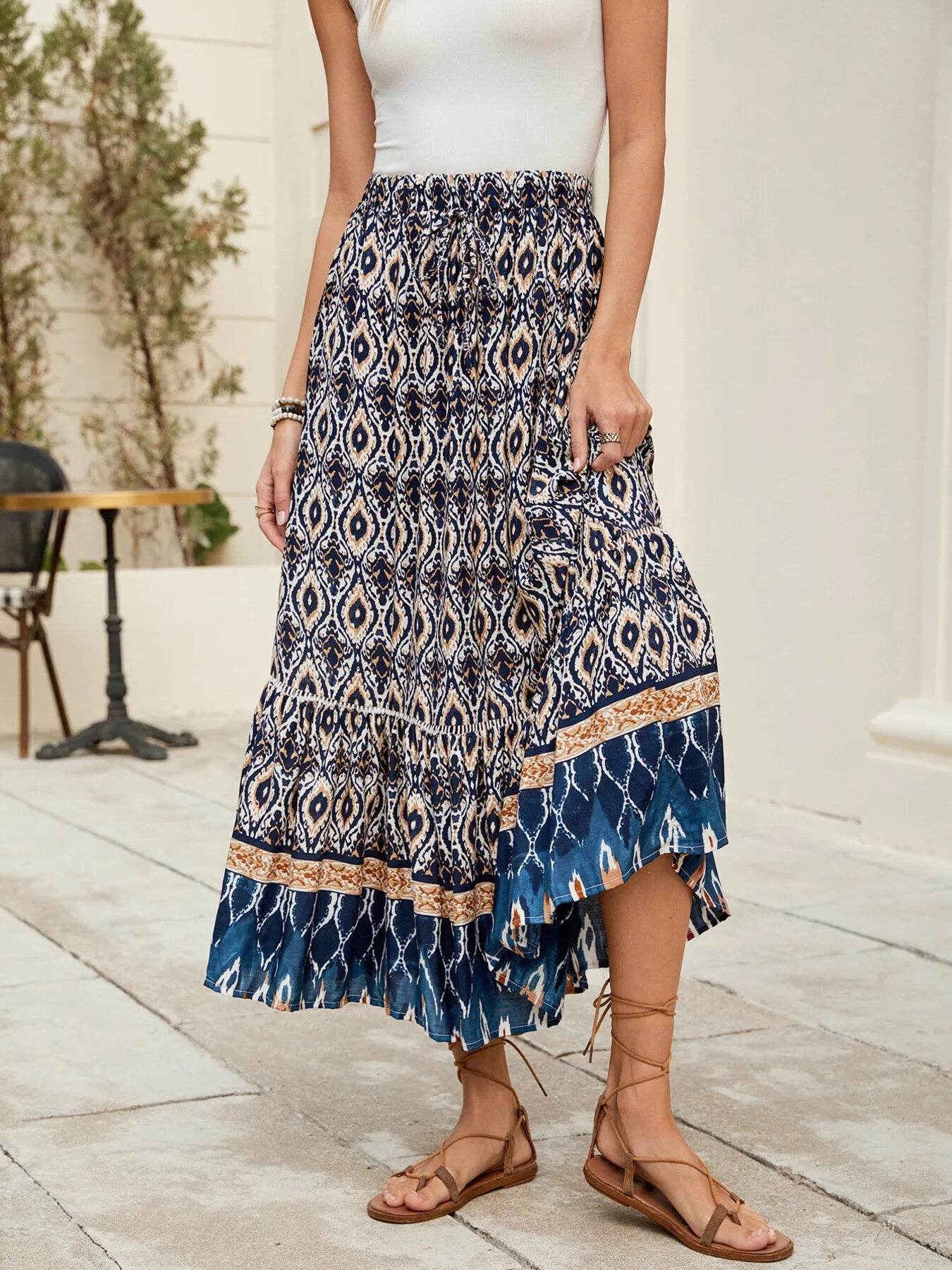 Bohemian Printed Ruched Maxi Skirt Navy Trendsi 9560b875a5834330abdf93aadca5d5e2-Max-Origin
