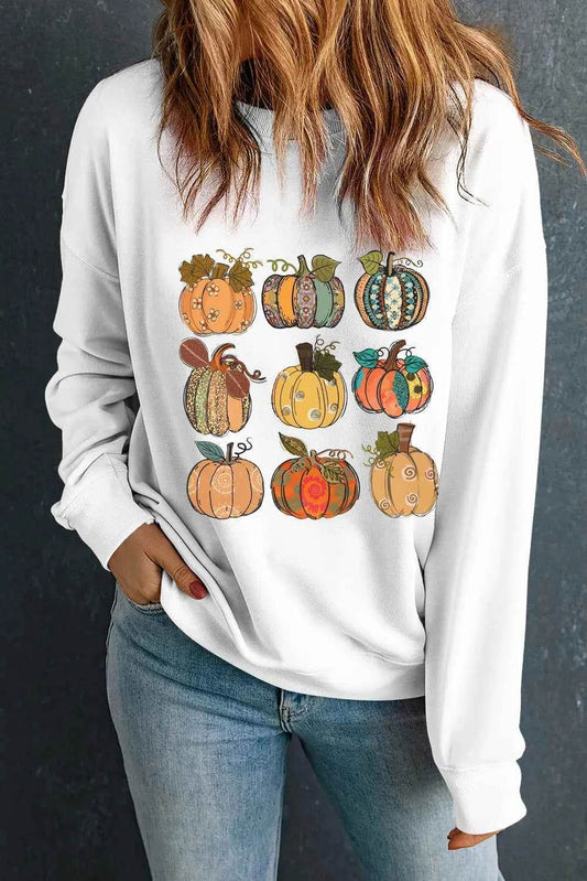 Pumpkin Graphic Long Sleeve Sweatshirt White Trendsi 959b72d6-e4d2-4633-a9d9-b7822b8db430-Max
