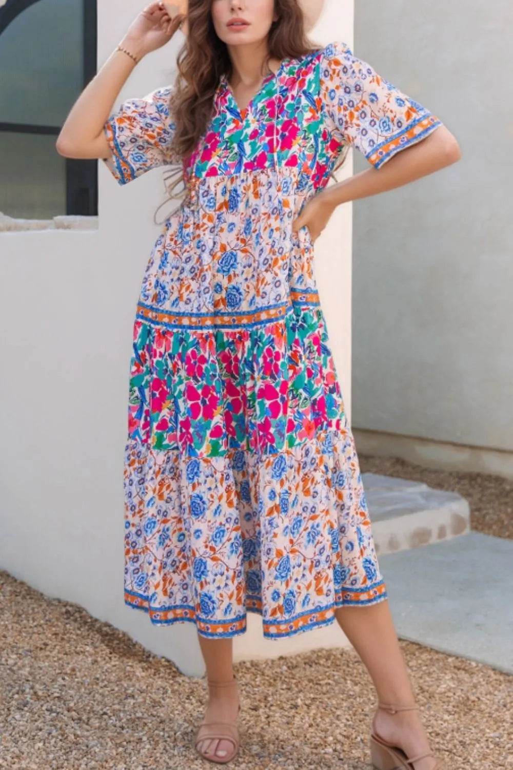 Mixed Floral Print Tie Neck Short Sleeve Dress Trendsi 95bbba2c-a135-4bfe-b0b1-f6186f8bb69e-Max