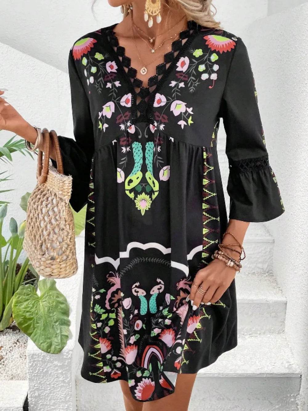 Lace Detail Printed Three-Quarter Sleeve Dress Black Trendsi 95d45594-fa2f-4362-8fd8-7b6600b7e531-Max
