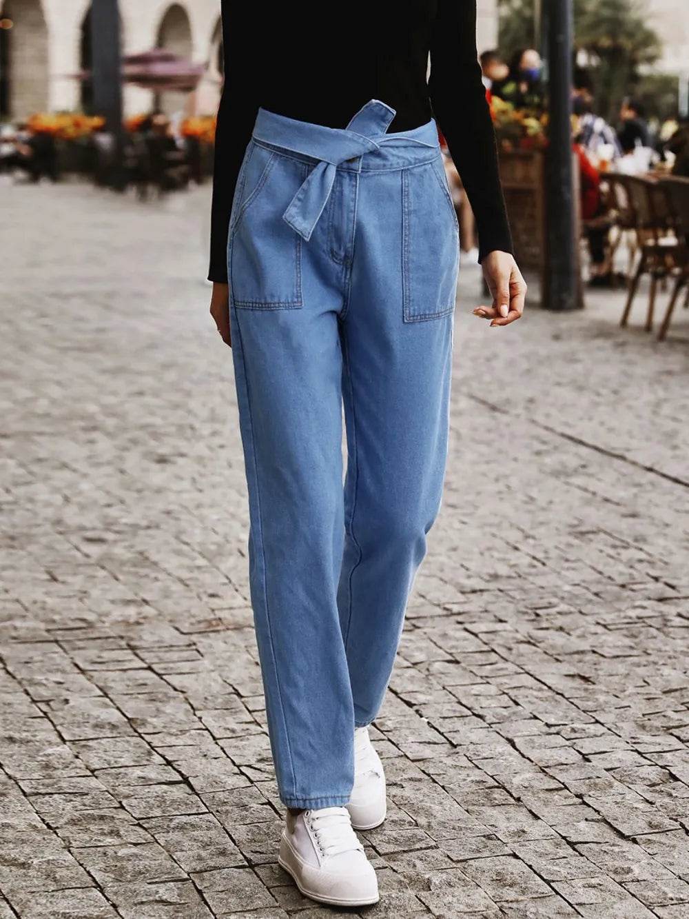 Tied Straight Jeans with Pockets Trendsi 95f121e0-4771-4519-ad46-d4161e791ee4-Max