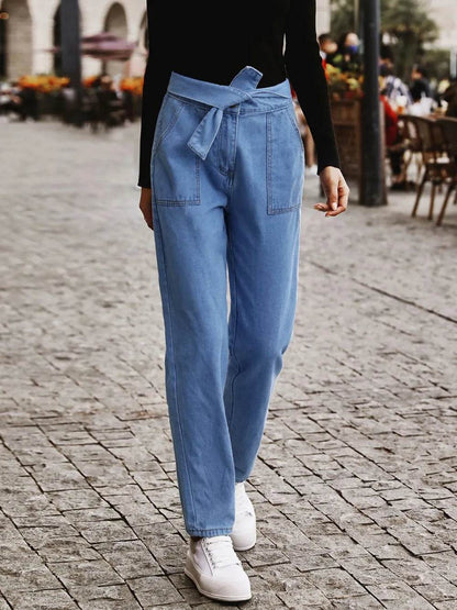Tied Straight Jeans with Pockets Trendsi 95f121e0-4771-4519-ad46-d4161e791ee4-Max