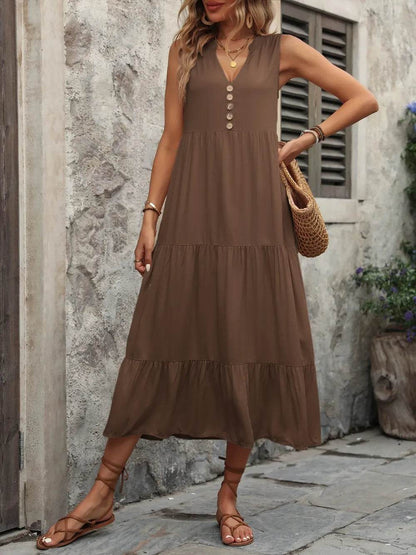 Ivy Lane Decorative Button Notched Sleeveless Dress Brown Trendsi 95ff0d2e-8f15-45a8-8774-afebfa17601a-Max