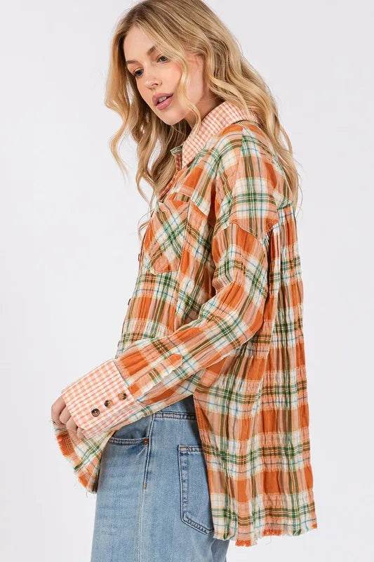 SAGE + FIG Side Slit Plaid Button Down Long Sleeve Shirt Trendsi 9629e356-2182-4715-adbb-e1fa8336163c-Max