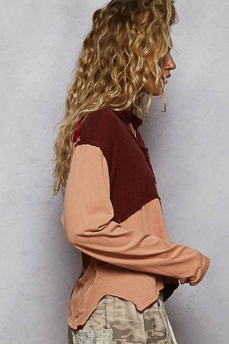 POL Color Block Notched Long Sleeve T-Shirt Trendsi 96325edd-d749-4663-a6dd-8c2558e5f3fc-Max-Origin