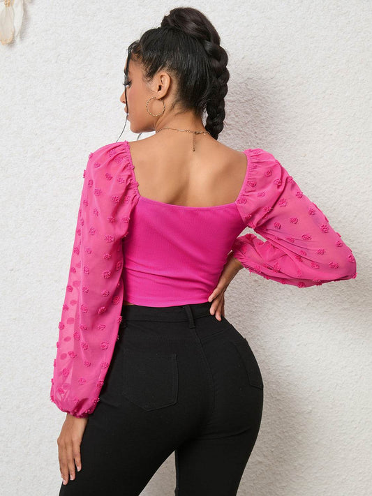 Swiss Dot Drawstring Cropped Blouse Trendsi 966103ecebf64616a849fe0ea40eac6e-Max