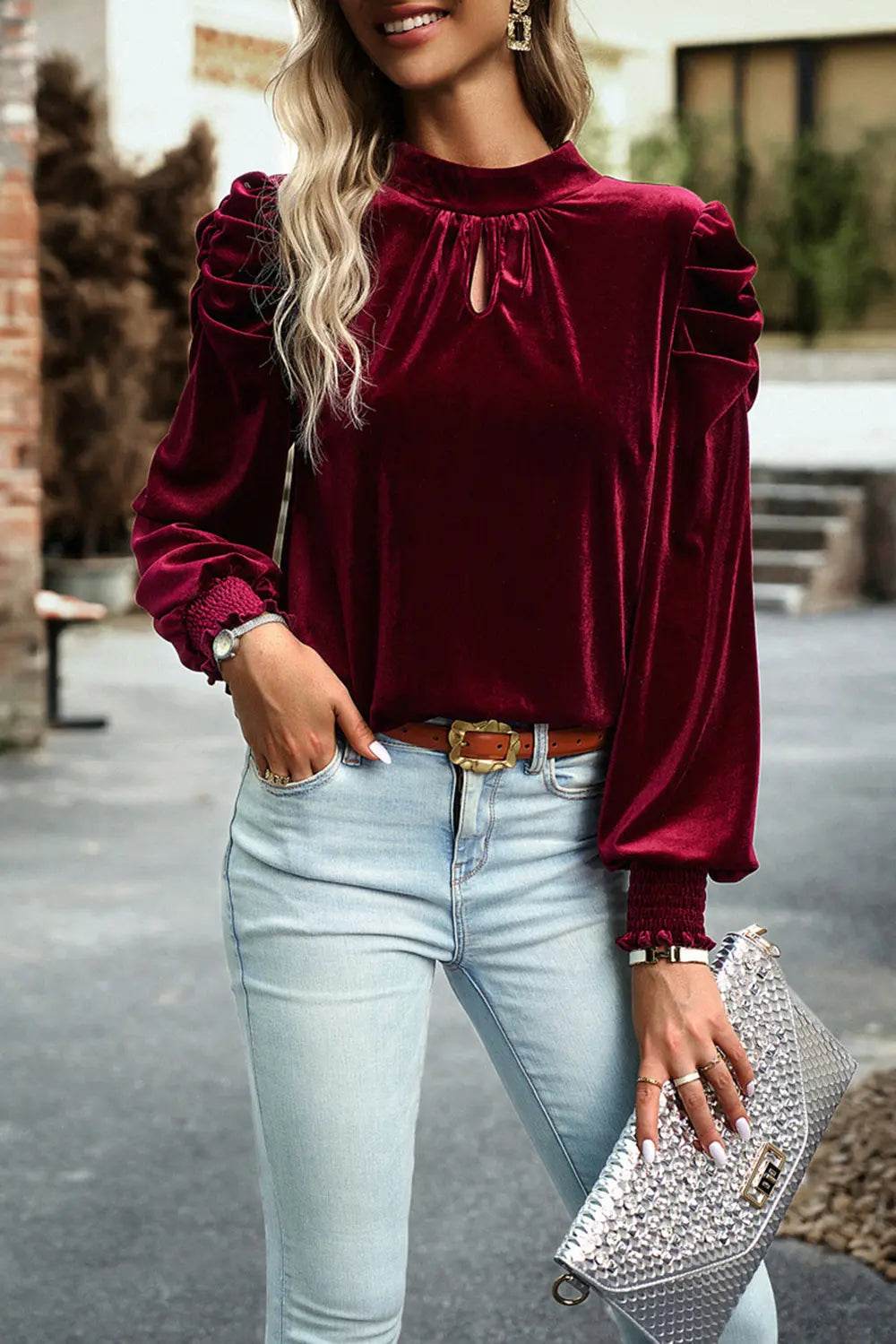 Tie Up Mock Neck Velvet Fabric Long Sleeve Blouse Burgundy Trendsi 96a555a90a3c441bb6c6967f3d05e1ff-Max