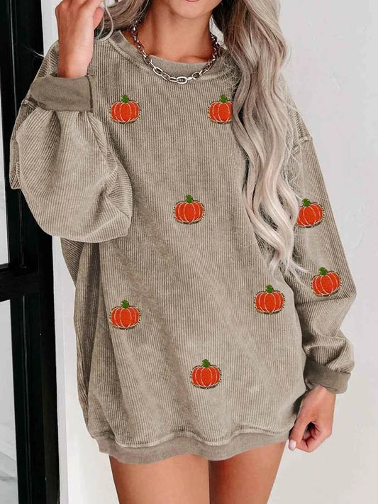 Pumpkin Round Neck Long Sleeve Sweatshirt Dust Storm Trendsi 96ab8a16-25c1-428f-82b3-6a45585e22d2-Max